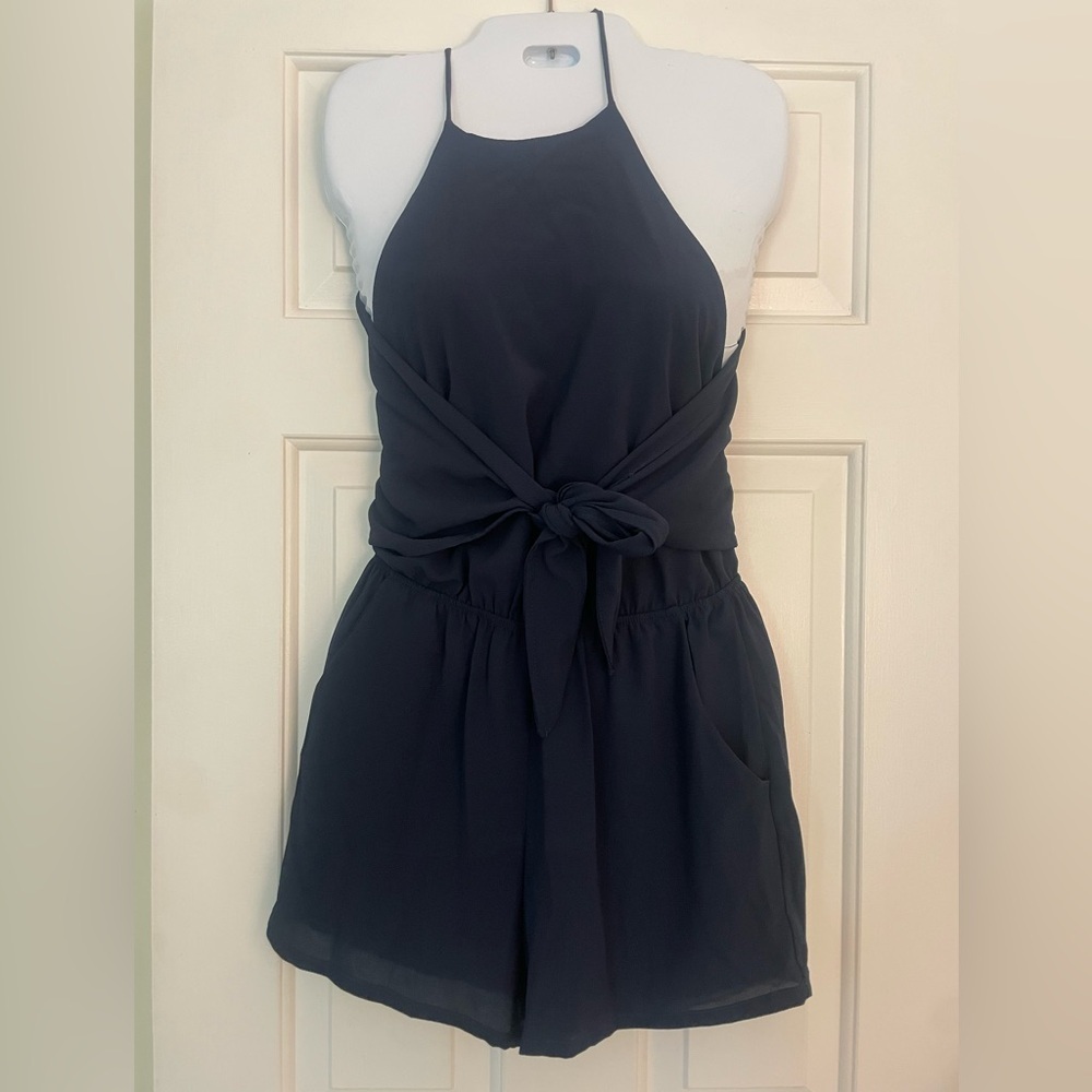 Vici navy blue jumpsuit romper tie front back cut out what a gem romper